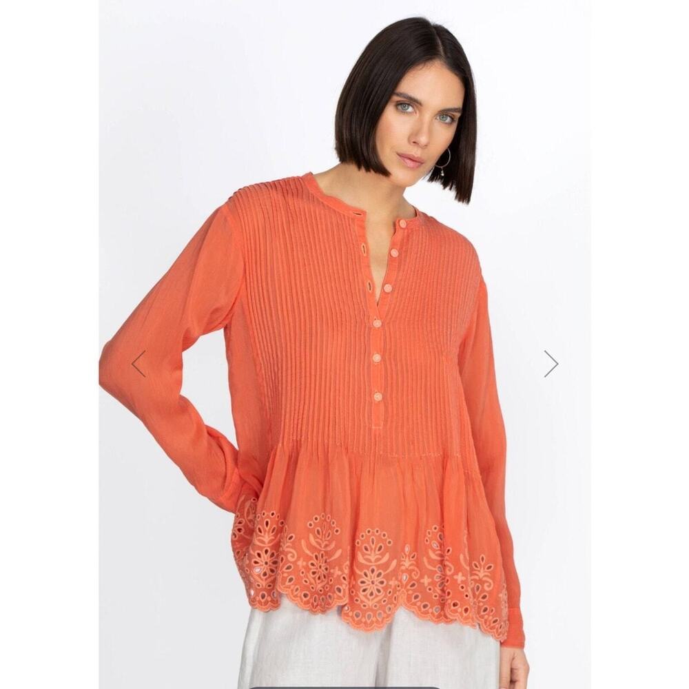 Johnny Was Leonie Pintuck Blouse Orange Embroidered Button Long Sleeve Sz M